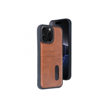 İphone 15 Pro Max Kılıf Sara Kartvizitli Deri Kılıf - Taba