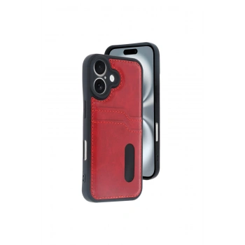 İphone 16 Kılıf Sara Kartvizitli Deri Kılıf - Kırmızı