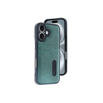 İphone 16 Kılıf Sara Kartvizitli Deri Kılıf - Koyu Yeşil