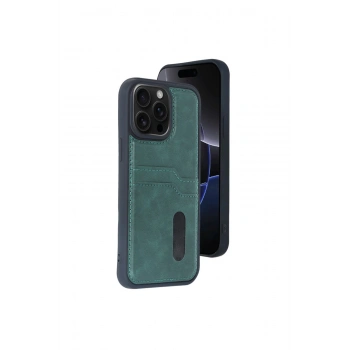 İphone 15 Pro Max Kılıf Sara Kartvizitli Deri Kılıf - Koyu Yeşil