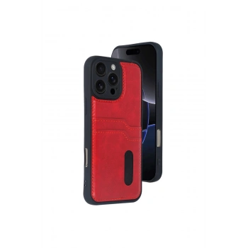 İphone 16 Pro Kılıf Sara Kartvizitli Deri Kılıf - Kırmızı