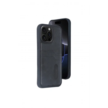 İphone 14 Pro Max Kılıf Sara Kartvizitli Deri Kılıf - Siyah