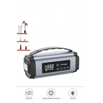 Taşnabilir Dijital Ekranlı Araç Akü Takviyeli Işıklı Oto Marş Hava Kompresörü