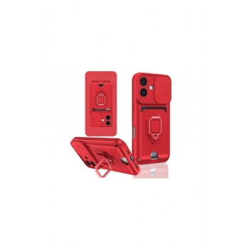 İphone 16 Kılıf Zuma Kartvizitli Yüzüklü Silikon - Kırmızı