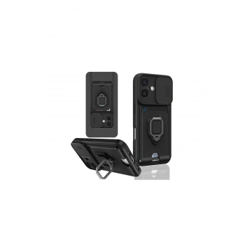 İphone 16 Kılıf Zuma Kartvizitli Yüzüklü Silikon - Siyah