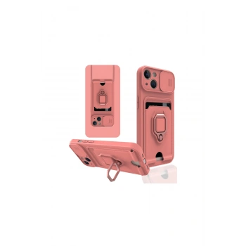 İphone 14 Kılıf Zuma Kartvizitli Yüzüklü Silikon - Pembe