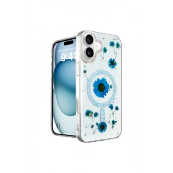 İphone 16 Kılıf Daisy Simli Magsafe Kapak - Mavi