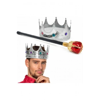 Gümüş Kral Tacı Kraliyet Tacı 60 Cm Ve Kırmızı Topuzlu Kral Asası Seti