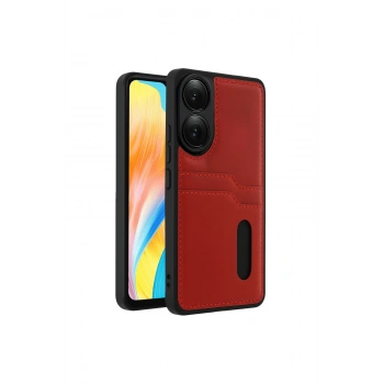 Oppo A38 Sara Kartvizitli Deri Kılıf - Kırmızı
