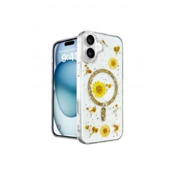 İphone 16 Kılıf Daisy Simli Magsafe Kapak - Gold