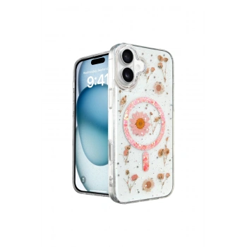 İphone 16 Kılıf Daisy Simli Magsafe Kapak - Pembe