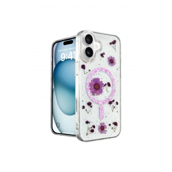 İphone 16 Kılıf Daisy Simli Magsafe Kapak - Mor