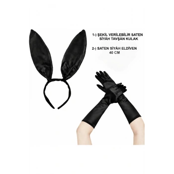 Siyah Parlak Tavşan Kulak Ve 40 Cm Parlak Siyah Eldiven Kostüm Seti