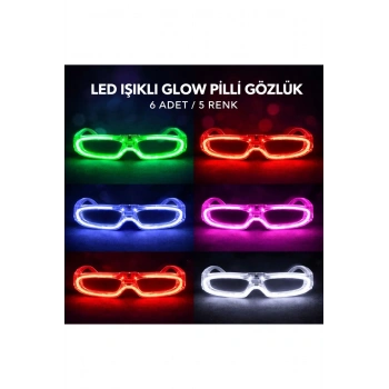 Led Işıklı Glow Pilli Parti Gözlüğü - Glow Efektli 6 Adet 5 Renk