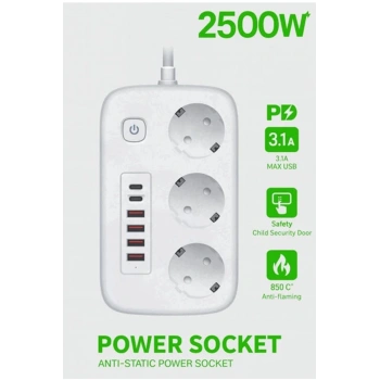 akım Korumalı Priz Ve Masaüstü Şarj İstasyonu Kablosuz 3 Priz ,4 Usb, 2 Type-c Girişli 2 Metre