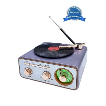 Metalik Nostaljik Tasarım Plak Çalar Görünümlü Radyolu Bluetooth Hoparlör Retro Müzik Plak