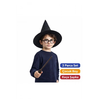 Harry Potter Tarzı Çocuk Seti (siyah Keçe Şapka, Asa, Gözlük)