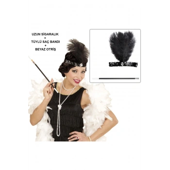 Retro Charliston Otrişli Aksesuar Seti – 20'ler 90'lar Gatsby Kostüm Seti (5324)