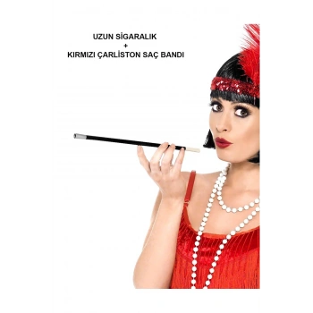 1920'ler 1990'lar Gatsby Kadın Aksesuar Seti – Kırmızı Charleston Saç Bandı ve Sig