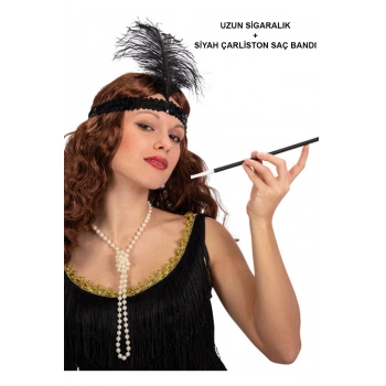 1920'ler Gatsby Aksesuar Seti – Siyah Charleston Saç Bandı &amp; Sigaralık (5324)