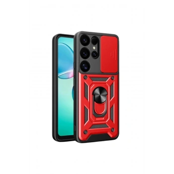 Samsung Galaxy S25 Ultra Kılıf Pars Lens Yüzüklü Silikon - Kırmızı