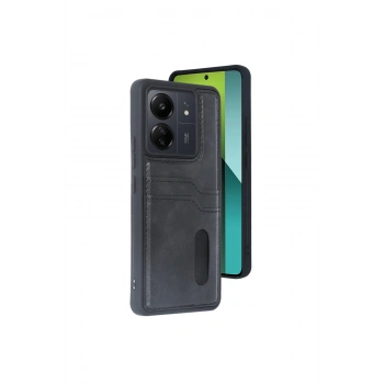 Redmi 13c Kılıf Sara Kartvizitli Deri Kılıf - Siyah