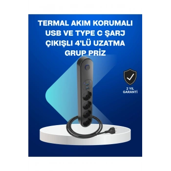 Akıllı Akım Dengelemeli 4’lü Çoklu Priz Type-C ve USB Çıkışlı