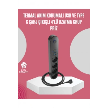 Led Anahtarlı Akım Korumalı Çoklu Priz 4 Priz 3 USB Girişli