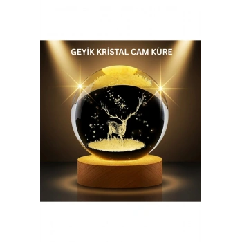 LED Işıklı Geyikli Kristal Küre Ahşap Standlı Modern Dekor Lamba