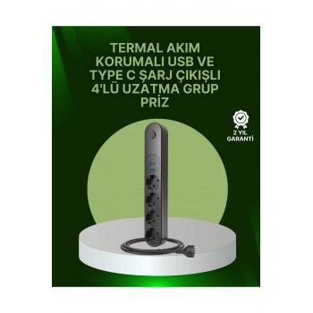 4 Priz 2 USB 1 Type-C Akım Korumalı Çoklu Priz Led Anahtarlı