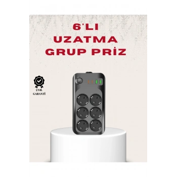 6’lı Grup Priz Termal Korumalı USB Type-C Çoklu Priz 2 Metre Kablo