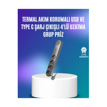 4’lü Çoklu Priz 2 USB Type-C Girişli Akım Korumalı Siyah