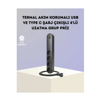 Akım Korumalı Çoklu Priz 4’lü 2 USB 1 Type-C 2500W Güçlü Tasarım