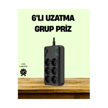 2500W Güçlü 6’lı Priz USB ve Type-C Çıkışlı Termal Korumalı