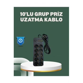 Termal Koruma Sistemli USB Type-C 10’lu Grup Priz 2m 2500W Güç Kapasiteli