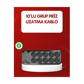 USB Type-C Destekli 10’lu Grup Priz Termal Korumalı 2m Kablo 2500W