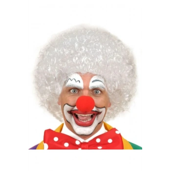 Beyaz Renk Kıvırcık Afro Bonus Peruk Saç ve Kırmızı Sünger Burun Seti (5324)