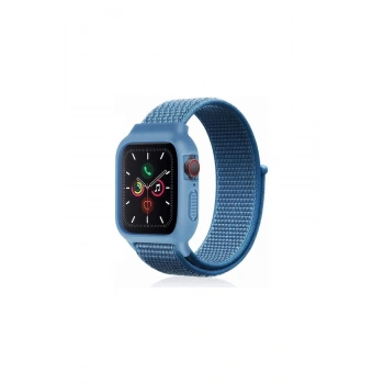 Apple Watch 38mm Hasırlı Cırtcırtlı Kasalı Kordon (SAAT DEĞİLDİR) - Mavi
