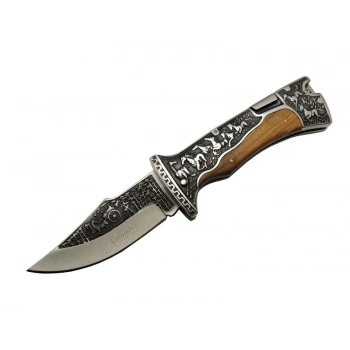 A3189c Kahve Kamp Çakısı 23cm- Manuel, At İşlemeli Ahşap Sap, Özel Kutulu, Kılıflı