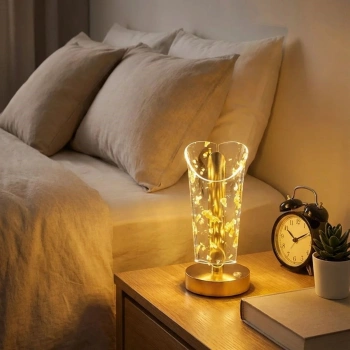 Açık Silindirik Kristal Altın Toz Model LED Masa Lambası – Gold Tabanlı, Dokunmatik, 3 Renk Işık Modlu, Şarjlı Modern Dekoratif Gece Lambası (5324)