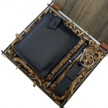 Ahşap Deri Kutulu Siyah Mevcut 3lü Hediye Seti - Kalem, Cüzdan, Anahtar