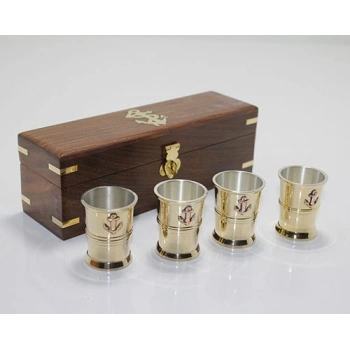 Ahşap Kutulu 4lü Pirinç Shot Bardak Seti