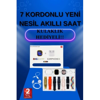 Akıllı Saat 7 Kordonlu Kulaklık Hediyeli Nabız Ölçer Uyku Takibi Sesli Görüşme