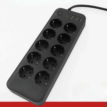 Akım Korumalı Termal Uzatma Kablosu – 10 Priz, 2 USB ve 2 Type-C Girişli, Güçlü Çoklu Priz (5324)
