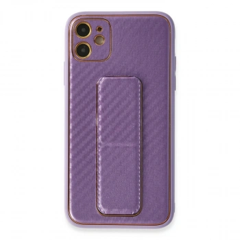 Apple İphone 12 Kılıf Coco Karbon Standlı Kapak - Mor