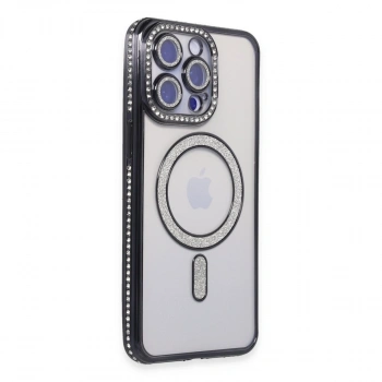 Apple İphone 15 Pro Max Kılıf Joke Simli Magneticsafe Kılıf - Siyah