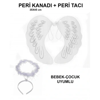 Beyaz Dantel Tüllü Peri Kanadı Ve Peri Tacı Seti 45x40 Cm