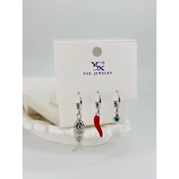 Biber Detaylı Üçlü Kombin Küpe - Kp00542