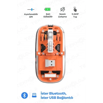 Bluetooth USB Çift Modlu Sessiz Mouse, Şeffaf Mıknatıslı Kapaklı, Type-C Şarjlı, DPI Ayarlı, Kablosuz 10m Çekim Mesafeli, Masaüstü Kısayol Tuşlu, Taşınabilir Şarjlı Mouse Turuncu