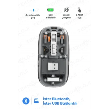 Bluetooth USB Çift Modlu Sessiz Mouse, Şeffaf Mıknatıslı Kapaklı, Type-C Şarjlı, DPI Ayarlı, Kablosuz 10m Çekim Mesafeli, Masaüstü Kısayol Tuşlu, Taşınabilir Şarjlı Mouse Siyah